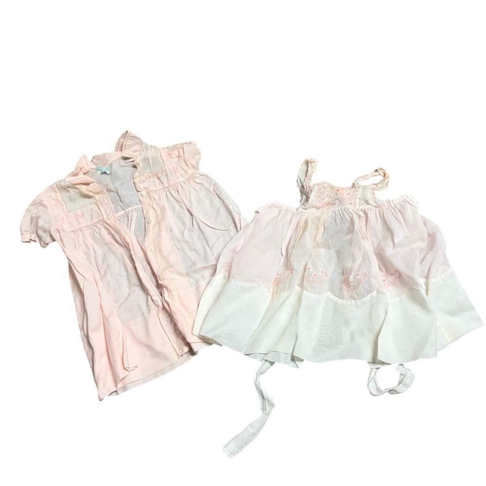 Vintage Cherubs Handmade Baby Dress and Pinafore Set Pink Embroidered Size L